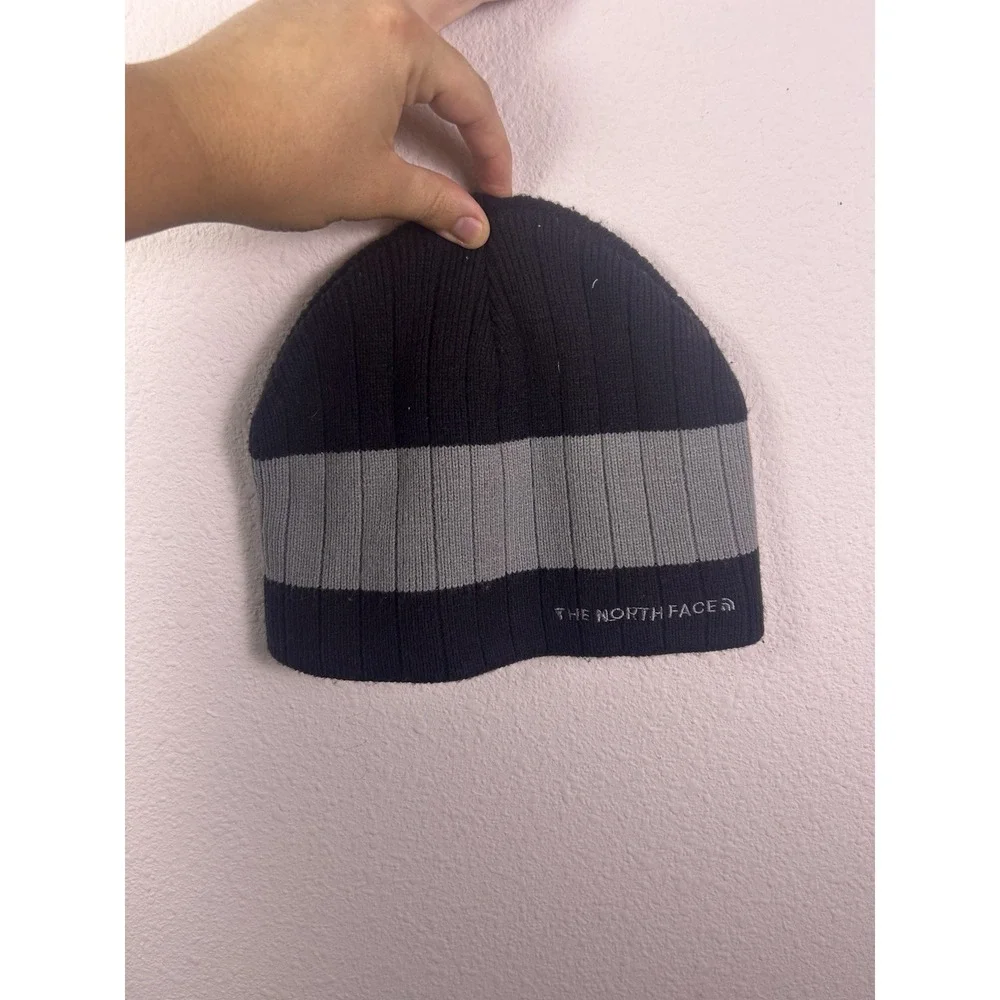 North Face Beanie Hat Black Gray Stripe Logo Knit Winter Cap One Size